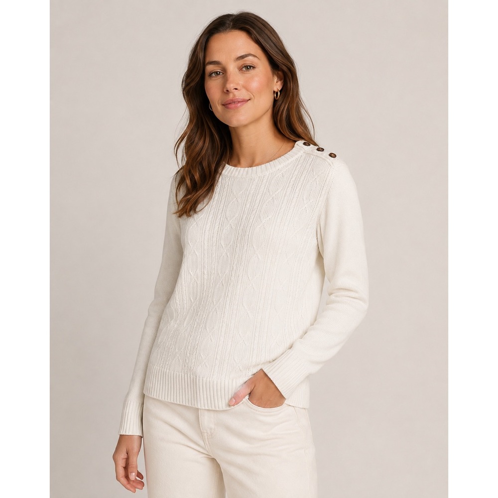 Hope & Henry Women's White Cable Knit Sweater Organic Cotton Button Shoulder  L